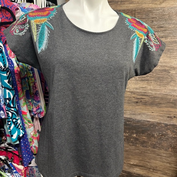Christopher & Banks Gray Boxy T-Shirt with Embroidered Shoulders - Picture 1 of 6